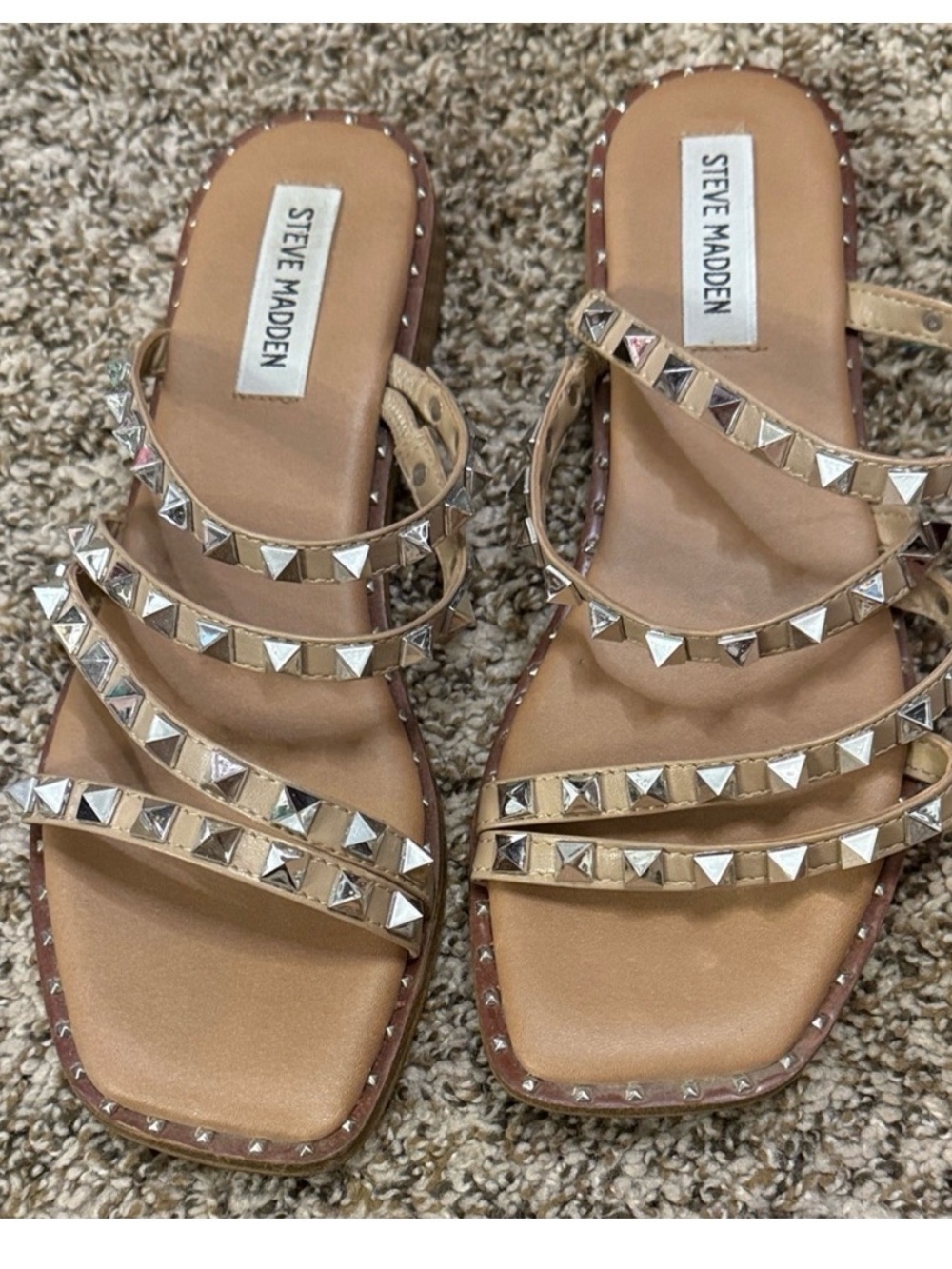 Steve Madden Tan Multi-Strap Studded Slide Sandals